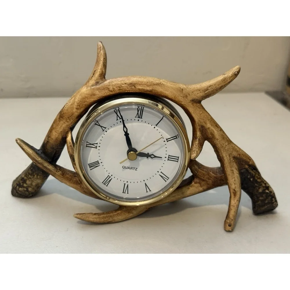 Vintage Deer Antler Clock Mantle Table Desk Resin Clock Battery Operated